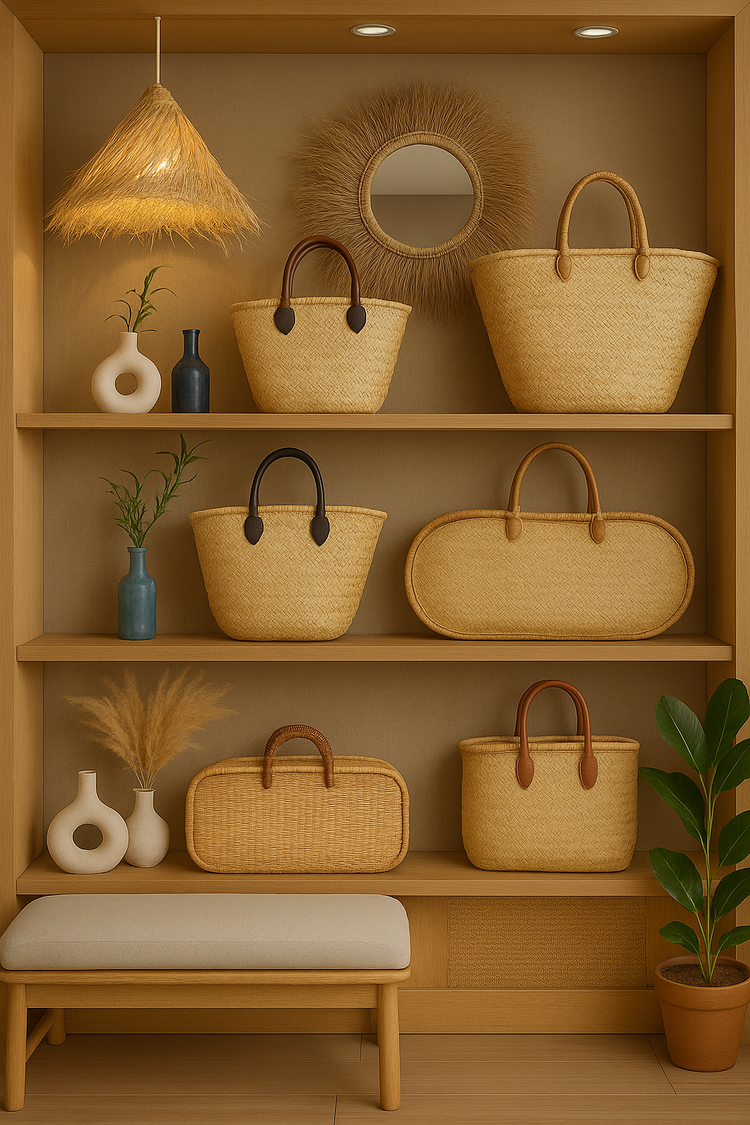 Étagère en bois élégamment décorée, mettant en valeur une collection de paniers artisanaux marocains en feuilles de palmier. La scène inclut également des vases en céramique, un miroir rond encadré de raphia, et une suspension en fibres naturelles.
