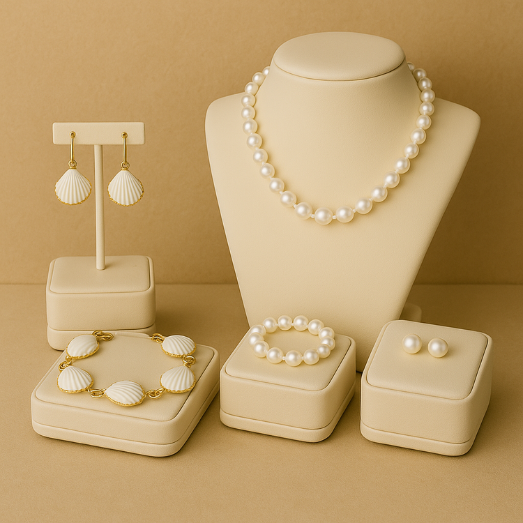 Ensemble de bijoux artisanaux avec parure en coquillages blancs et parure en perles d’eau douce sur présentoirs beiges.