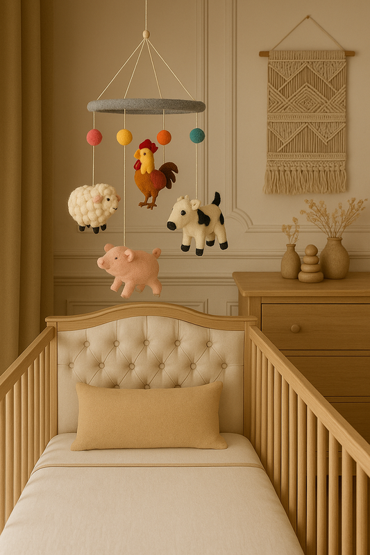 Offrez un univers tendre à bébé avec notre mobile Animaux de la Ferme en feutre fait main. Artisanat du Népal pour une chambre chaleureuse et naturelle.