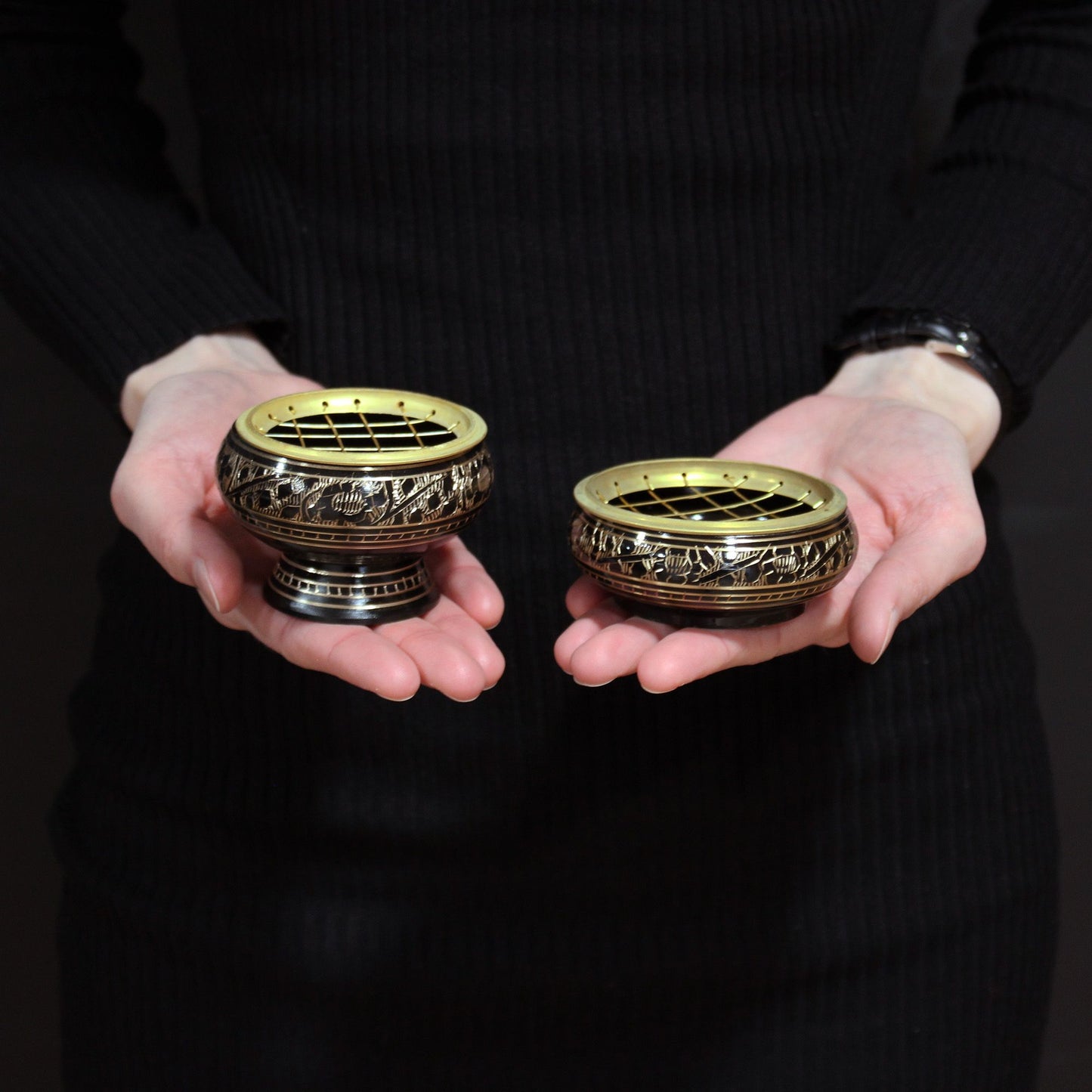Brass Carved Charcoal Incense Jar with Coaster