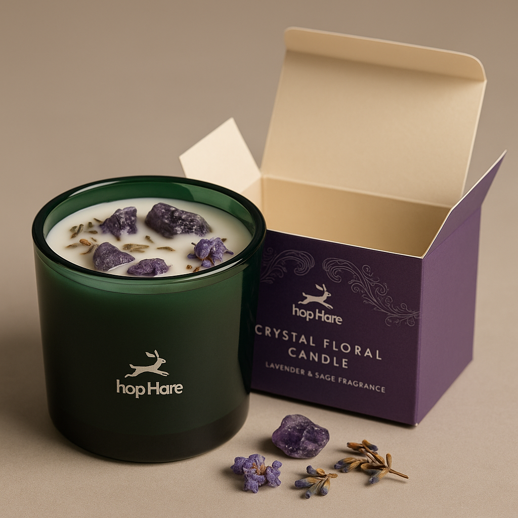 Photographie d’une bougie florale en cristal présentée dans un élégant pot en verre vert foncé avec le logo Hop Hare. La bougie est décorée de cristaux d’améthyste, de fleurs séchées violettes et de brins de lavande.