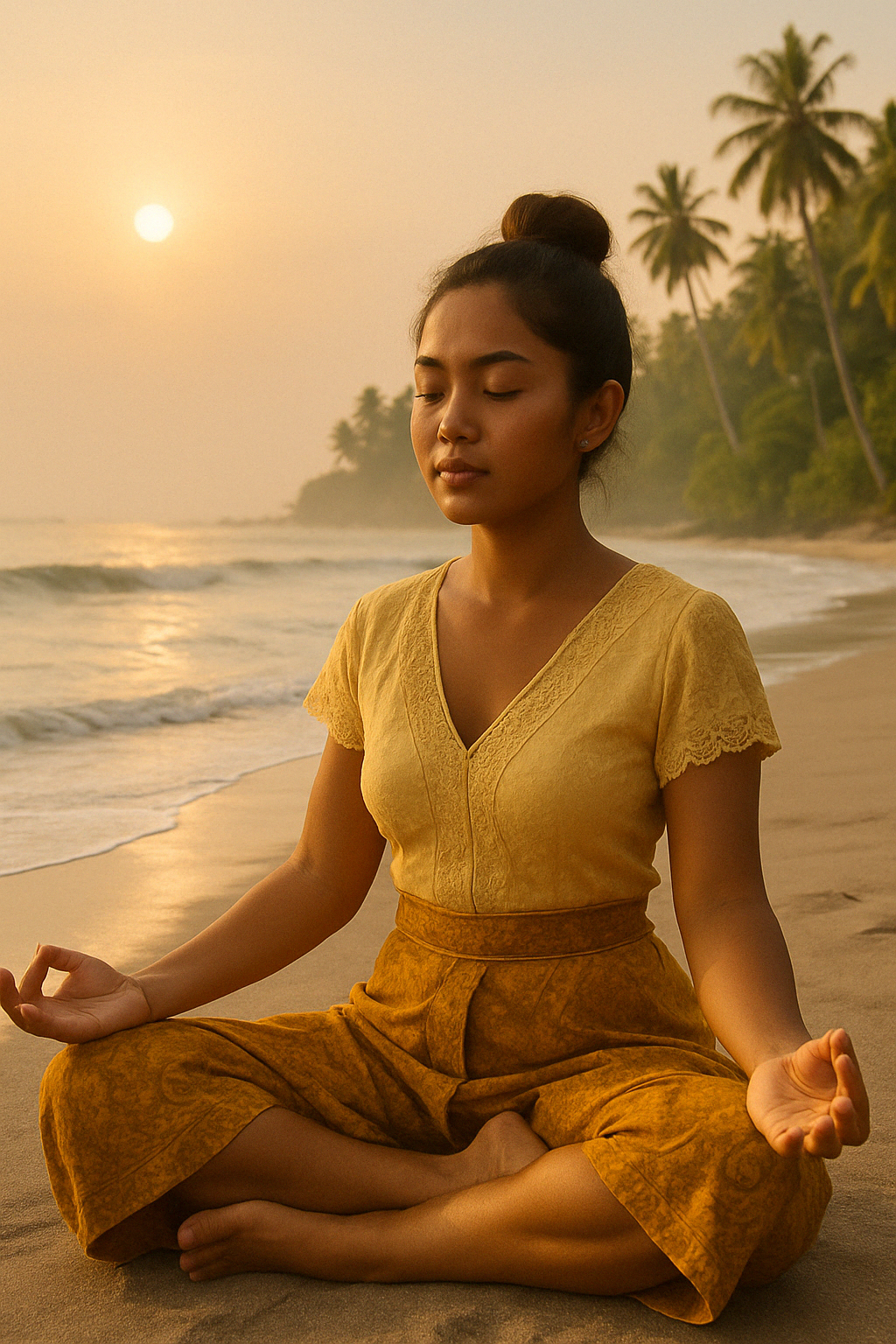 Jeune femme indonésienne en méditation assise en lotus sur une plage de Bali au lever du soleil, vêtue d’un haut jaune et d’un sarong ocre, entourée de palmiers et de vagues douces sous une lumière dorée.