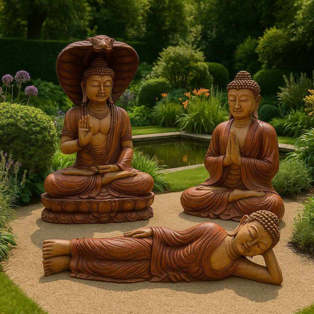 Trois statues de Bouddha en bois sculpté, installées dans un jardin luxuriant avec bassin, représentant différentes postures méditatives dont le Bouddha Naga, un Bouddha en prière et un Bouddha couché, symbole de paix et de sérénité.