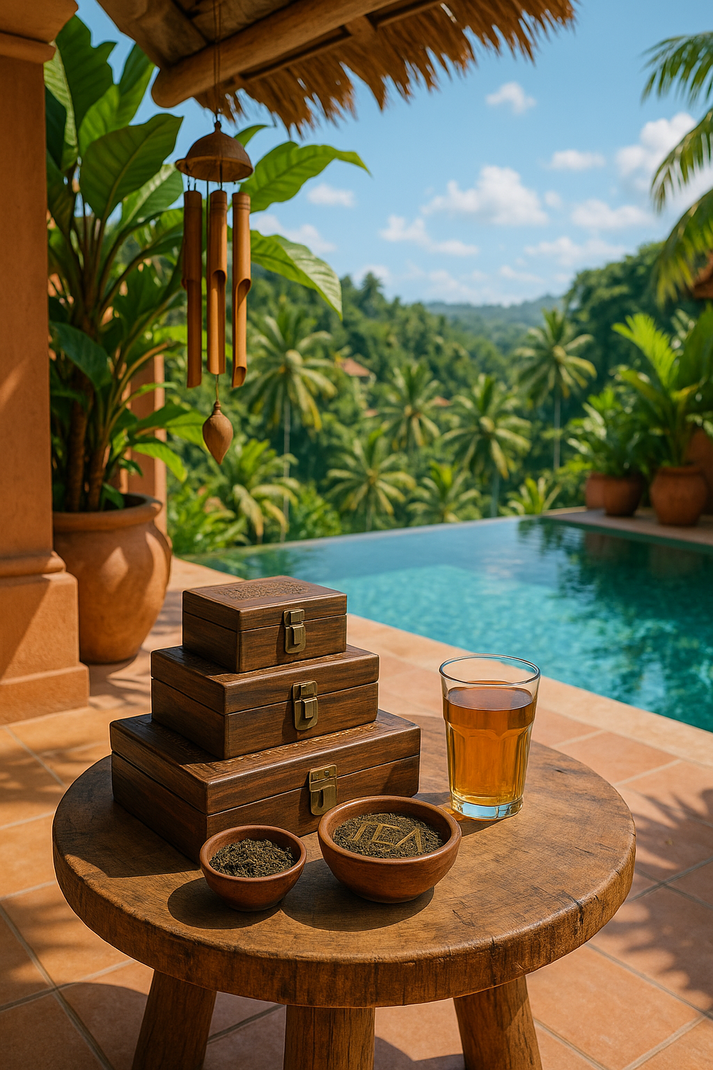 Boîtes à thé en bois sculpté exposées sur une table artisanale face à une piscine dans un décor tropical balinais, accompagnées d’un verre de thé ambré et d’un bol contenant des feuilles de thé.