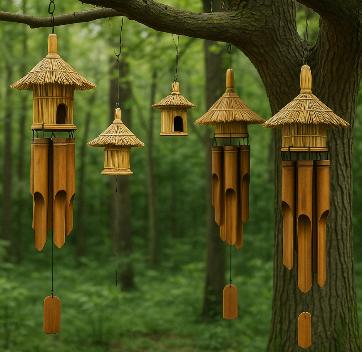Carillons et nichoirs artisanaux suspendus à une branche dans une forêt verdoyante. Les structures sont en bambou avec des toits en paille, évoquant des pagodes miniatures.
