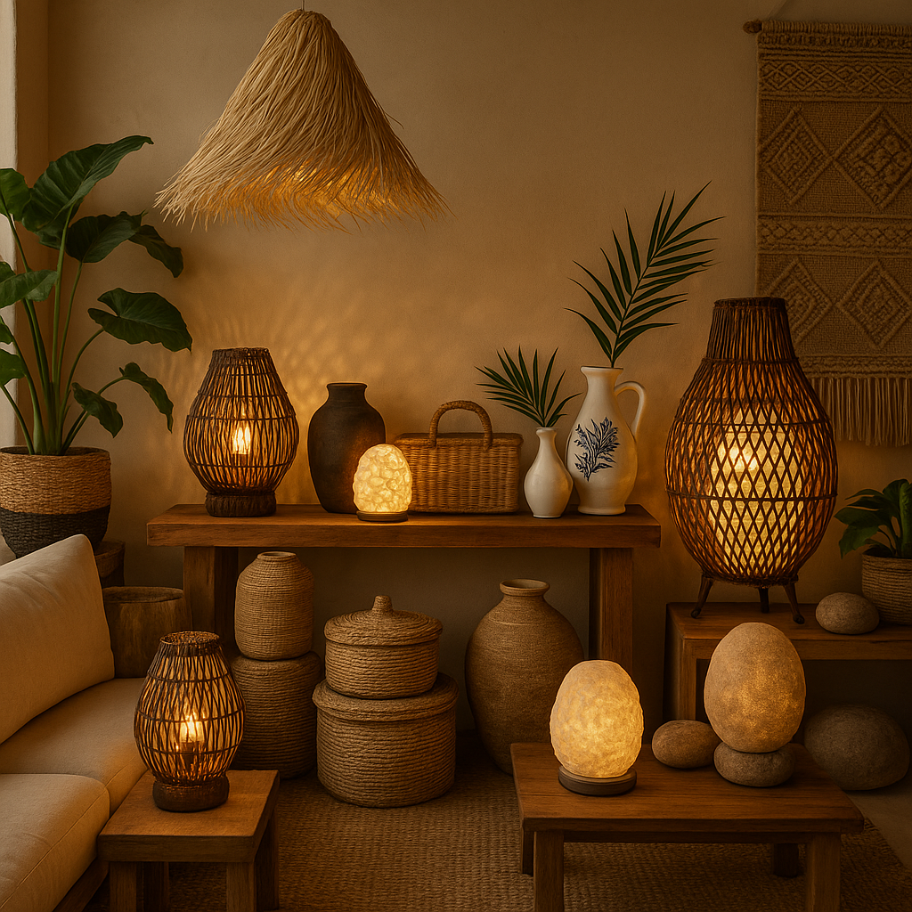 Salon chaleureux décoré avec des lampes artisanales, paniers en fibres naturelles, vases en céramique, feuillage tropical et mobilier en bois ambiance bohème et naturelle parfaite pour une collection de décoration d’intérieur.