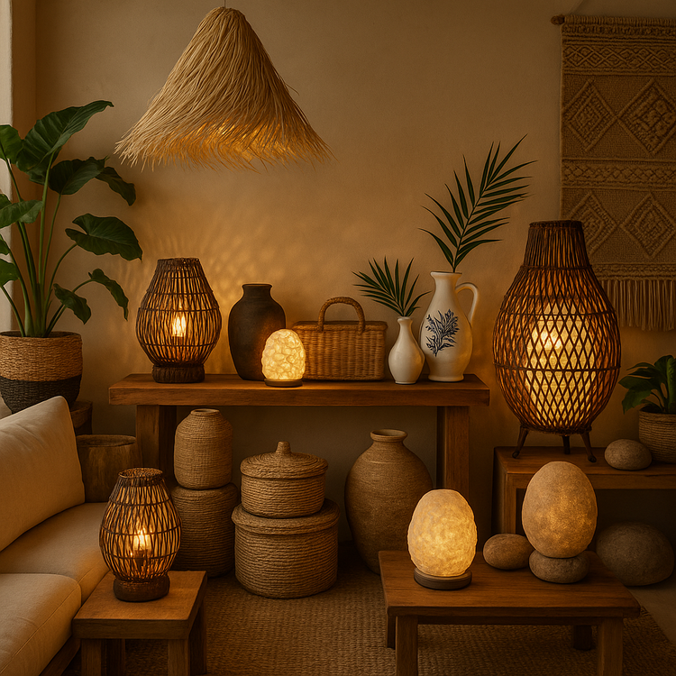 Salon chaleureux décoré avec des lampes artisanales, paniers en fibres naturelles, vases en céramique, feuillage tropical et mobilier en bois ambiance bohème et naturelle parfaite pour une collection de décoration d’intérieur.