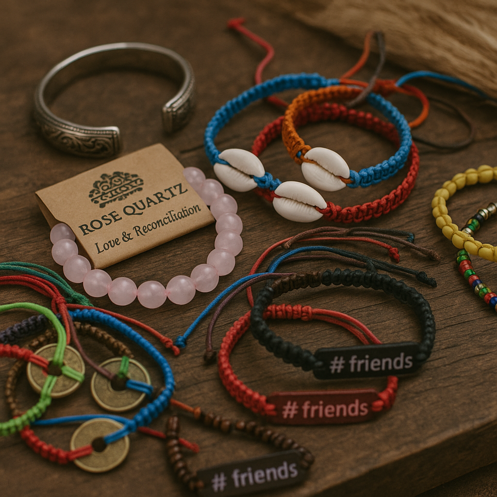 Collection de bracelets artisanaux posés sur une surface en bois rustique, incluant un bracelet en quartz rose avec étiquette, des bracelets en macramé avec coquillages, des bracelets colorés avec pièces asiatiques, et des modèles avec l’inscription.