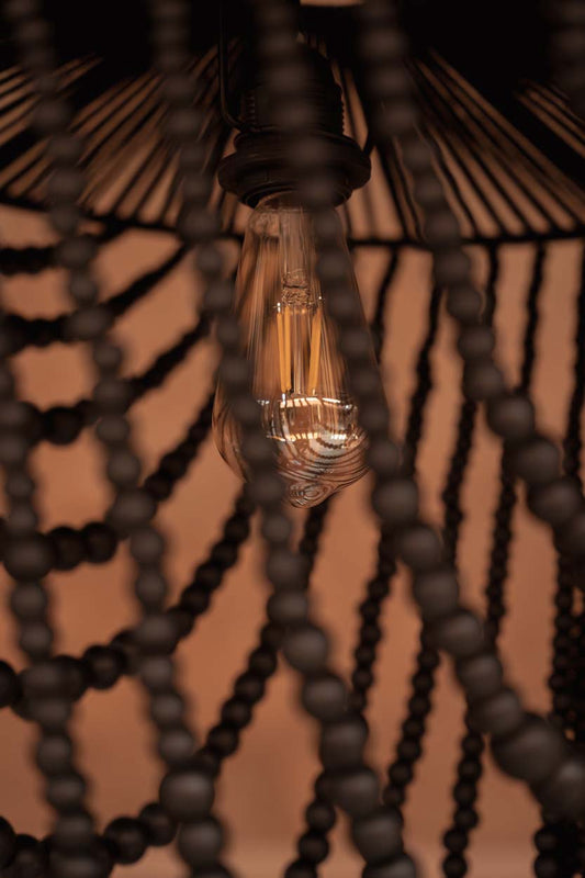 Grand Lustre en Perles de Bois Naturel - Noir - Suspension Boho Chic (Taille L)