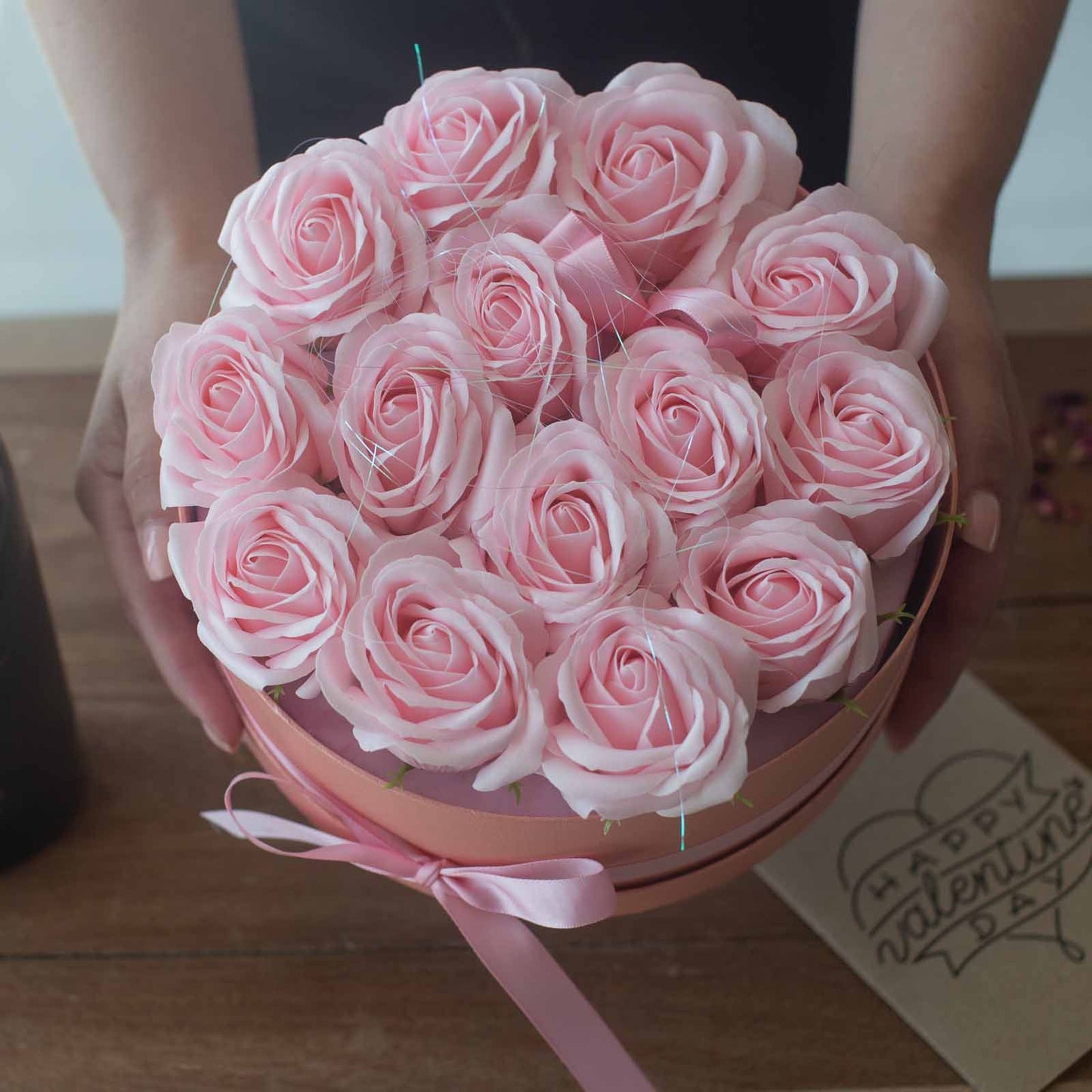 Soap Flower Gift Bouquet - 14 Pink Roses - Round